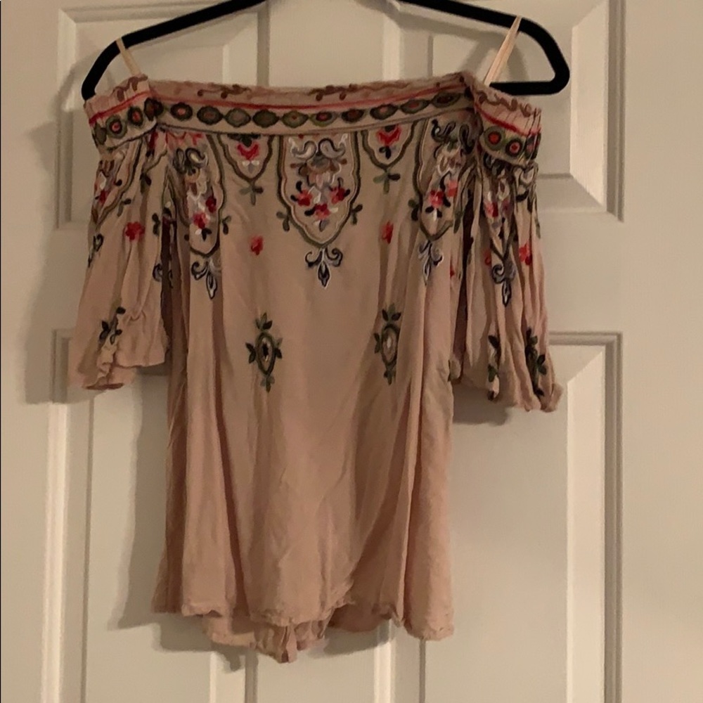 Democracy embroidered off the shoulder top